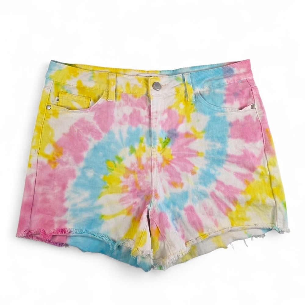 Judy Blue Tie Dye Cutoff Shorts Raw Hem Women Size L High Rise Stretch Denim